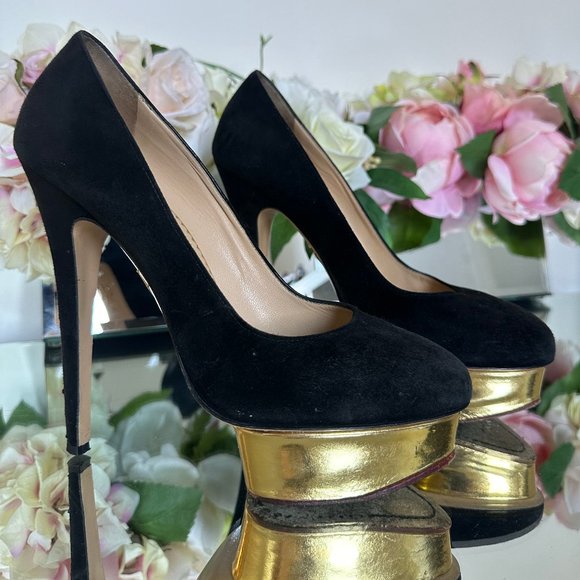 Charlotte Olympia Dolly Black Suede Heel With Gold Platform - Picture 2 of 8